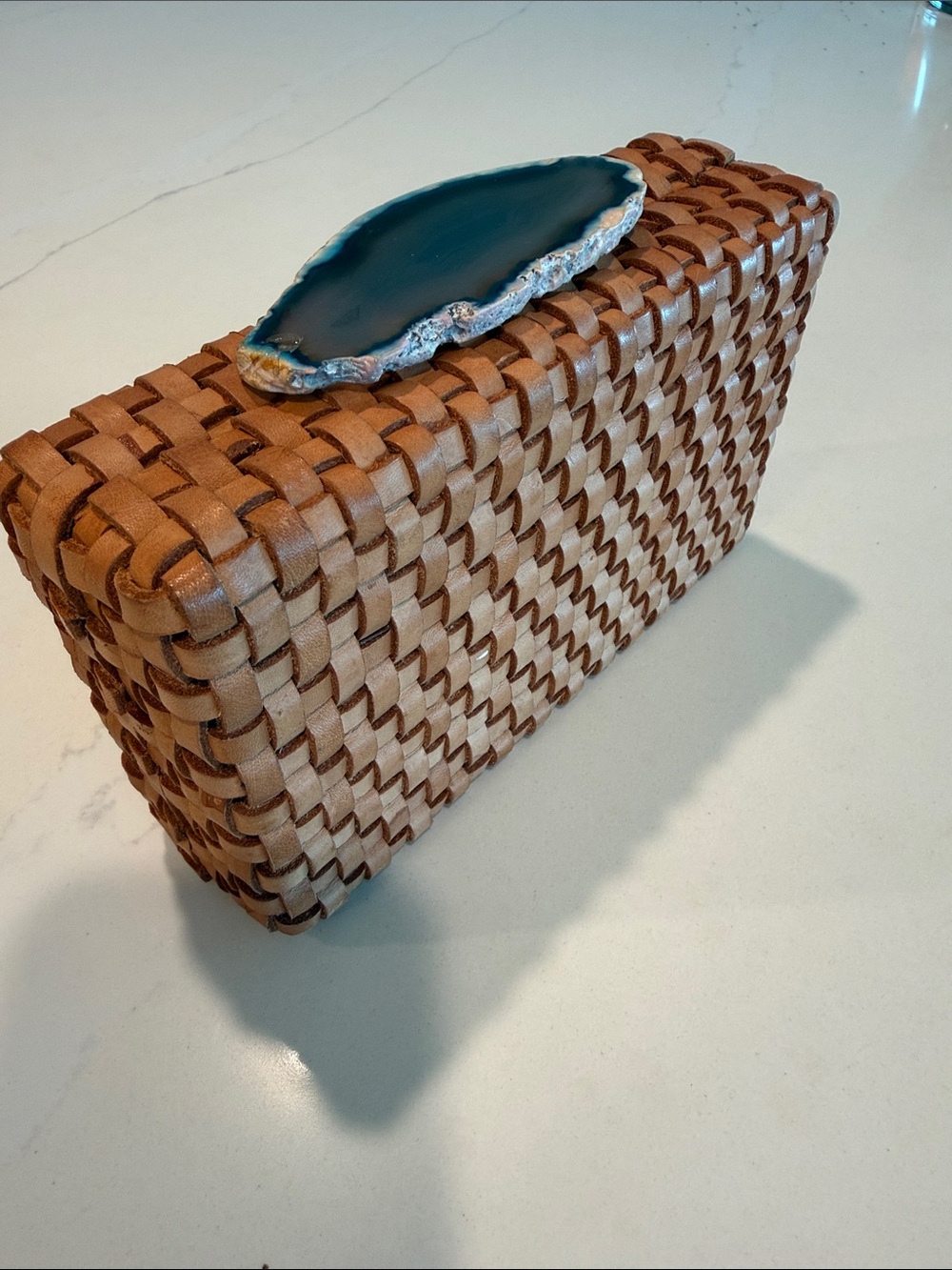 Woven Tan Leather Phone Case with Blue Agate Accent